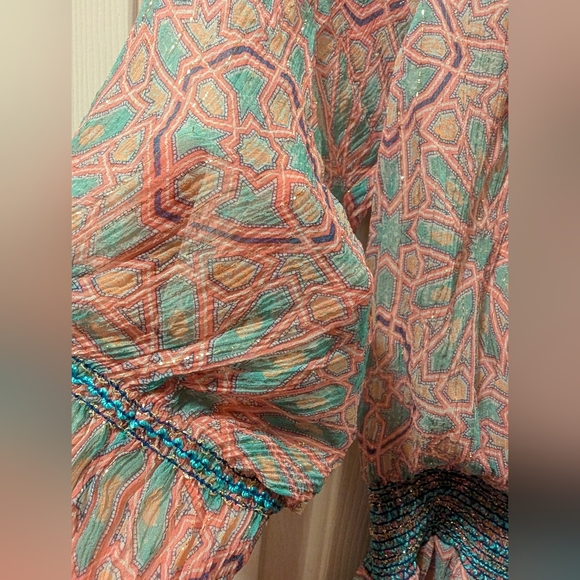 Badgley Mischka Sheer Flowy Off Shoulder Pink Blue Geometric Pattern Silk Dress - Picture 2 of 4